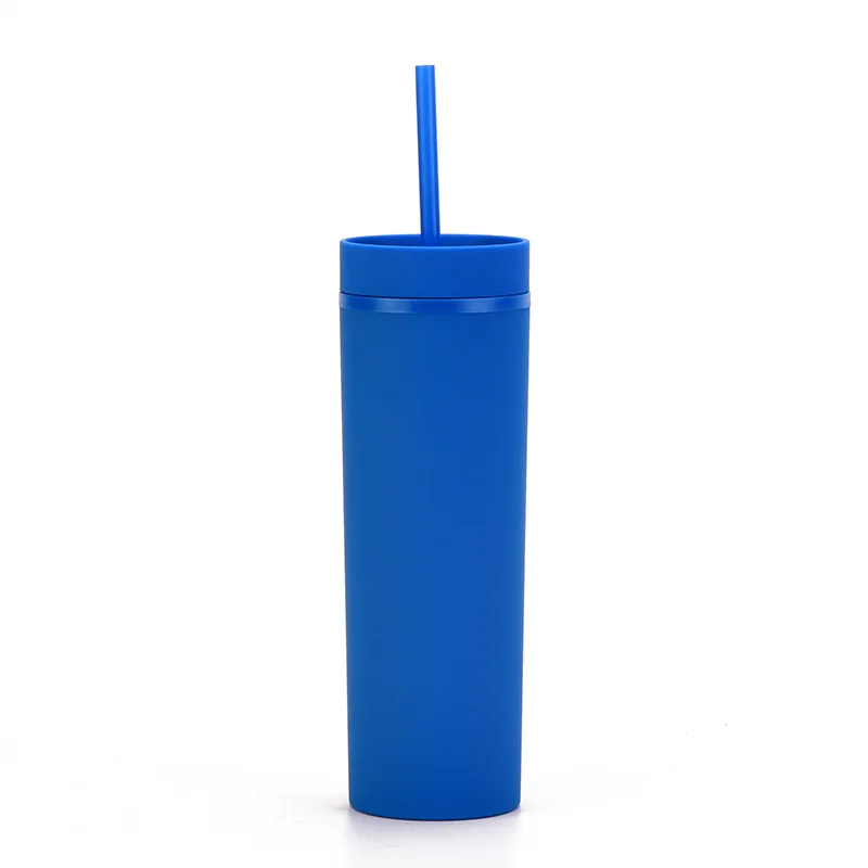 Wholesale double wall water tumbler 16oz plastic acrylic matte skinny tumbler cups in bulk with lid and straw