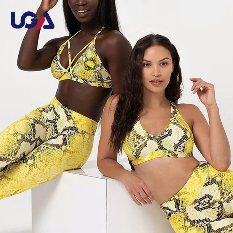 Women Compression Elastic Butt Lift Snake Skin Printed Yoga Wear Set Quick Dry Fitness Leggings Bra Yoga Set