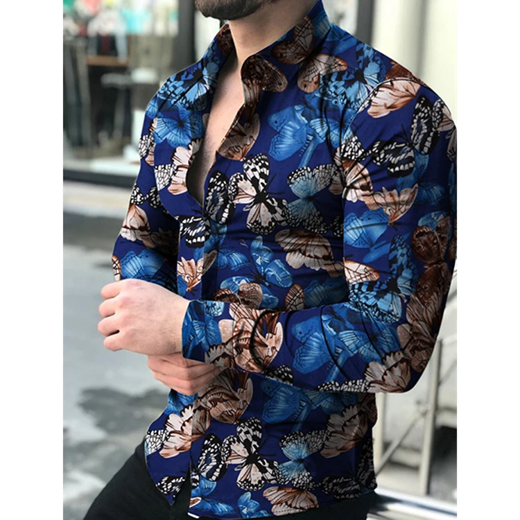 Men Long Sleeve Flower Printing Casual Hawaiian Shirts