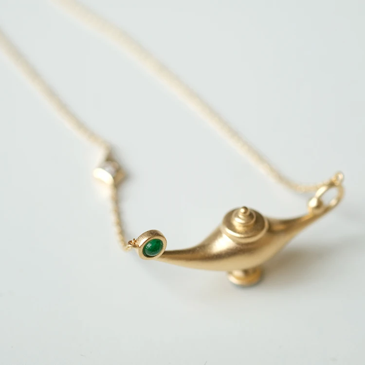Fairy Tale Aladdin Magic Lamp Gold Necklace With Natural Emerald 14K Yellow Gold Bead Blast Finish