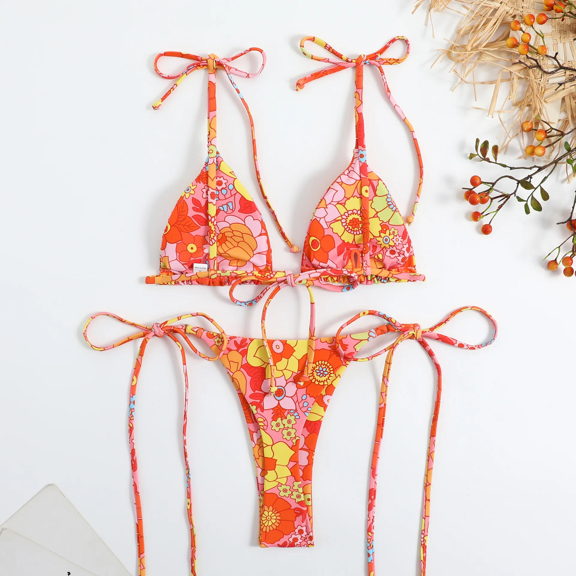 Multicolor Two Piece Bright Floral Print Bikini Halter&Lace Up Triangle Thong Swimsuit For Women
