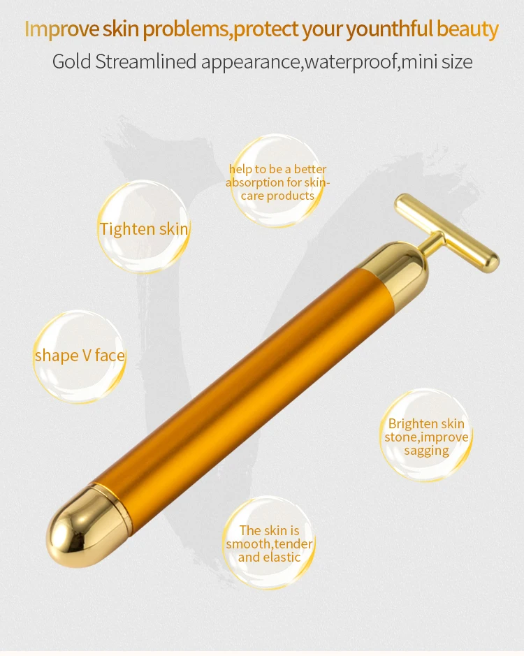 Factory Wholesale 24k Golden Pulse Skincare Facial Massage Beauty Tools T Type Electric Energy Beauty Bar