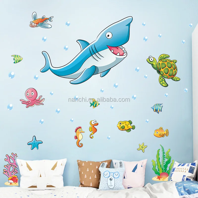 3D  Cartoon Shark wallpapers Underwater World stickers kindergarten kids wall mural kid room wallpaper murals decoration sticker