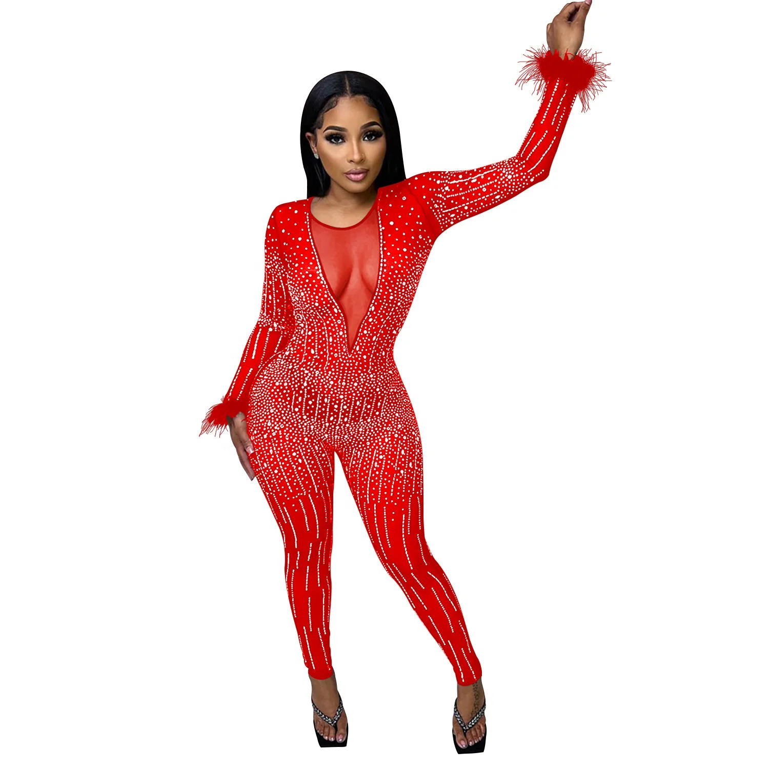 New Arrival Women Sexy Feather Long Sleeve See Through Rhinestone Bodycon Jumpsuit Sheer Mesh Skinny Night Club Party Rompers