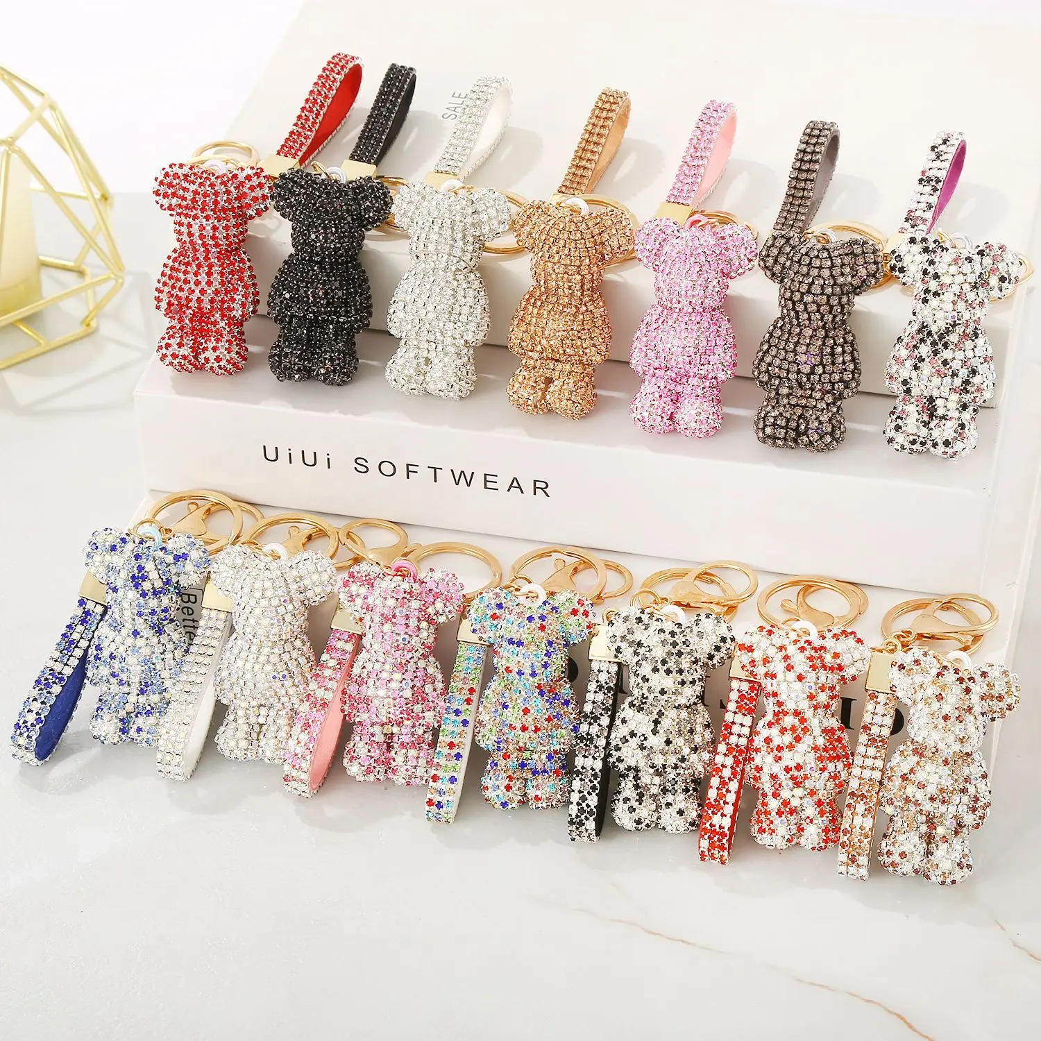 Creative cartoon studded with diamond teddy bear keychain  couple keychain ring bag pendant cute keychain bearings