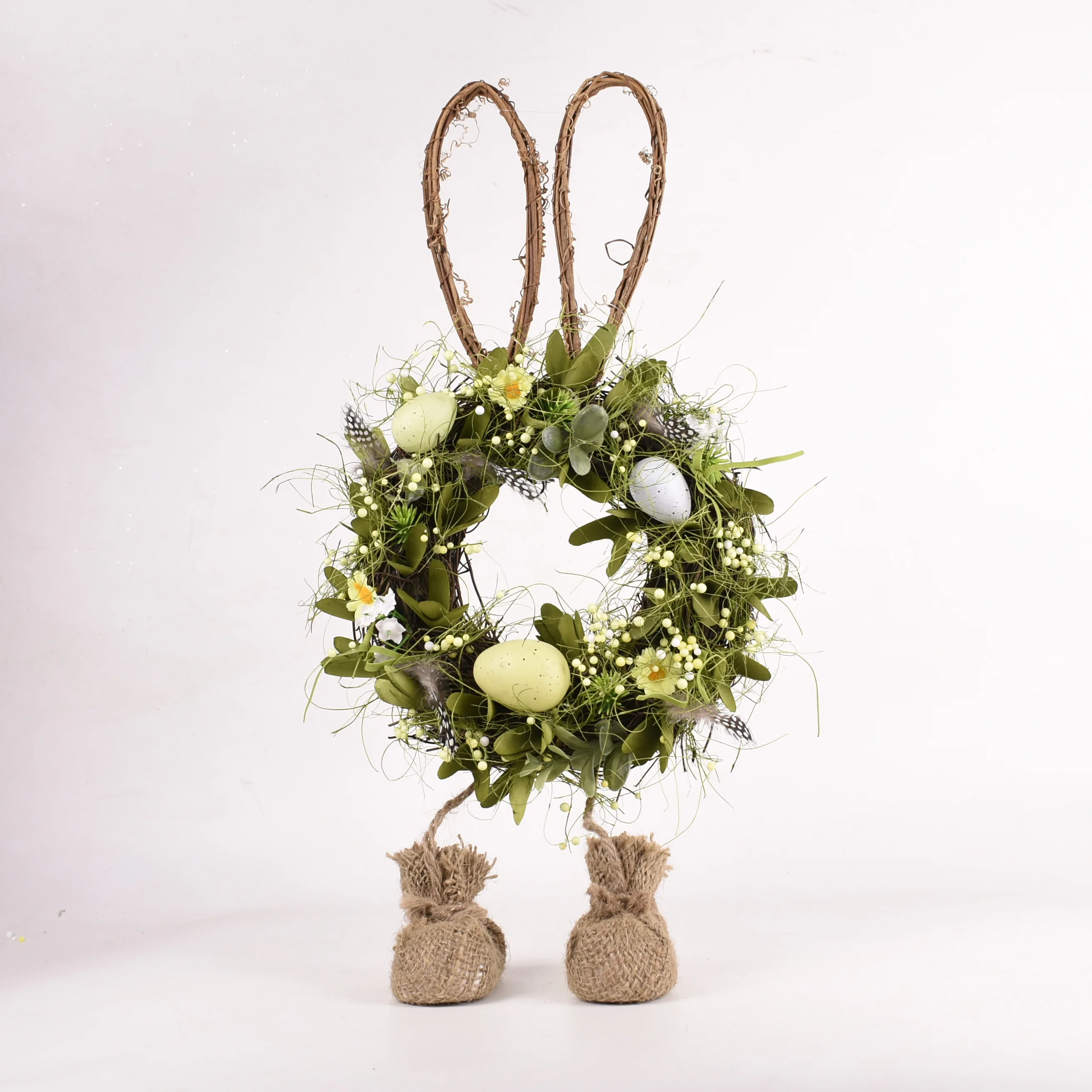 GY BSCI Easter Decoration Supplier Spring Wooden Curl Rabbit Easter Bunny Wreath Decoration