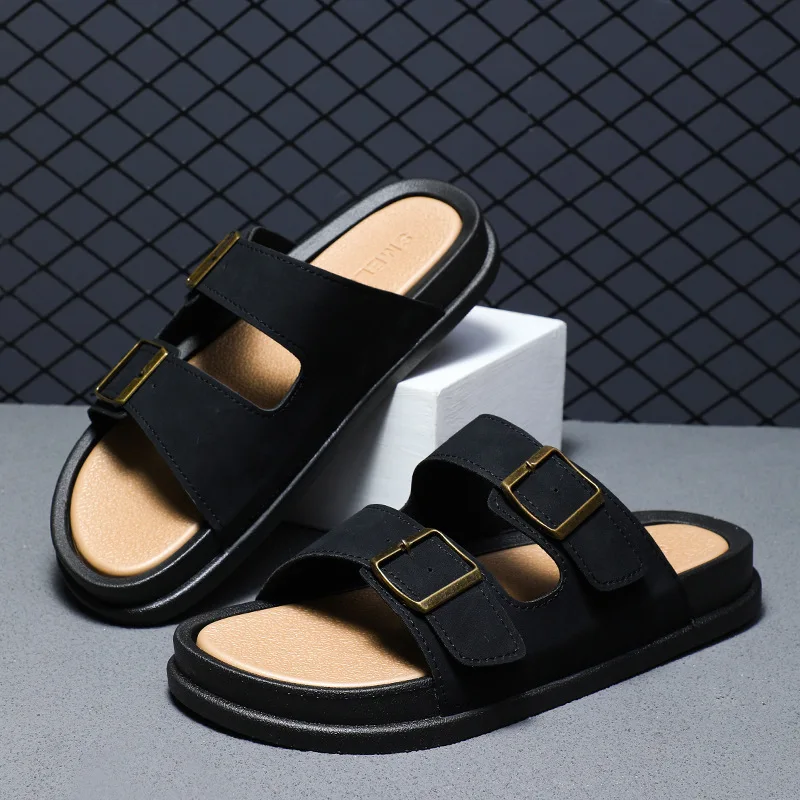 2024 New Design Summer Casual Slide Sandals Comfortable Slip on Slippers Fashion Luxury Leather Flat Sandals for Men