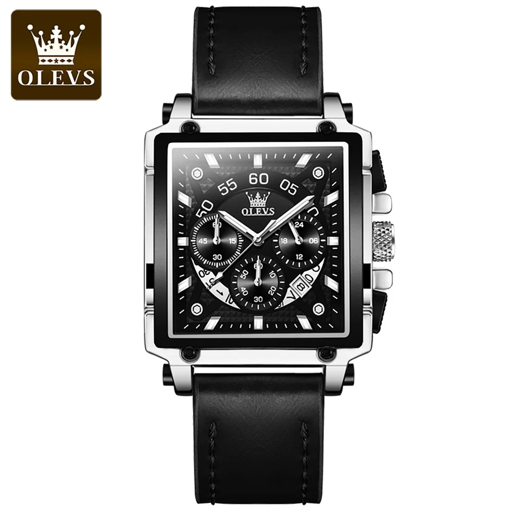 OLEVS-9919 New Luxury Men Quartz Leather Watches Square Shell Horizontal Three Eye Calendar Men Waterproof Wristwatches