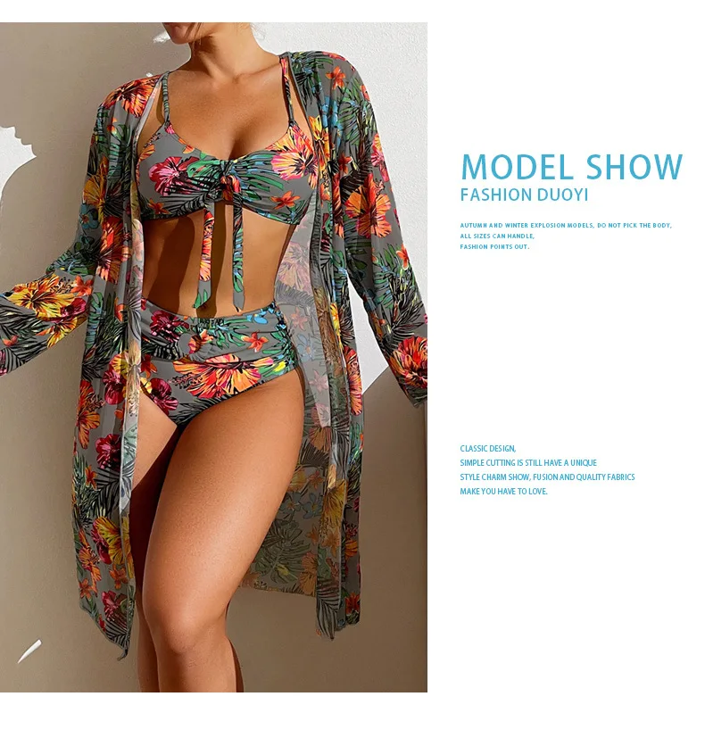 JSN9202103 2024  factory classical  floral print box bottom  bikini with long sleeves chiffon sarong for lady