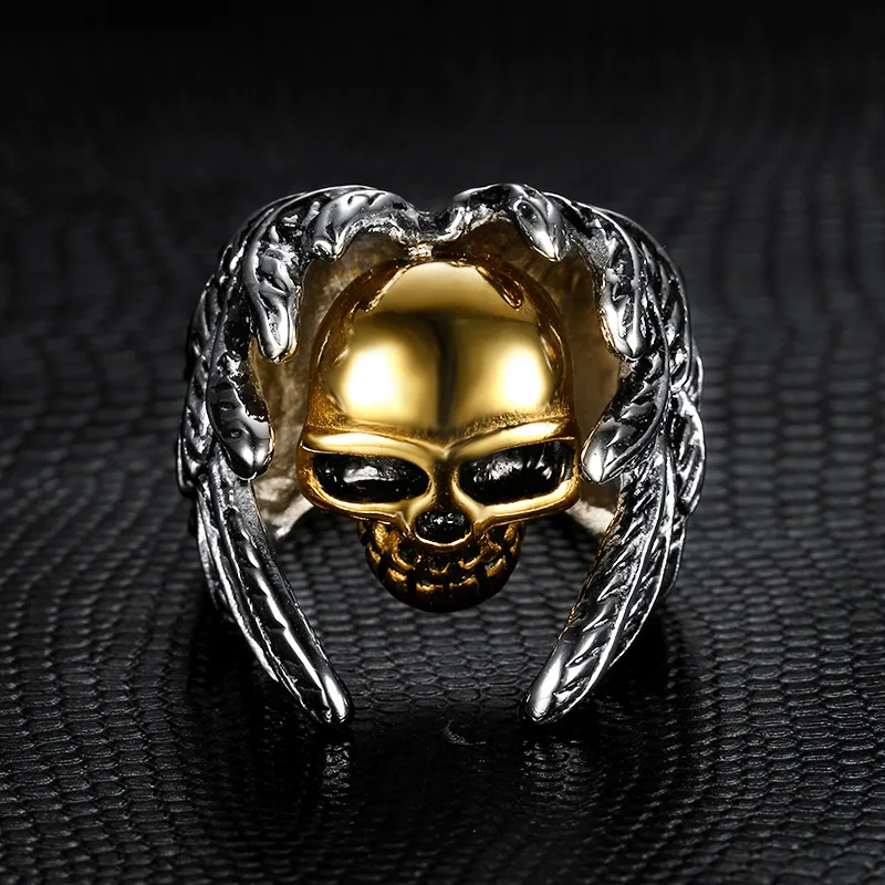 Wholesale Motorcycle Jewelry Vintage Silver Gold Angle Wing With Skull Wrapped Biker Rings for Men