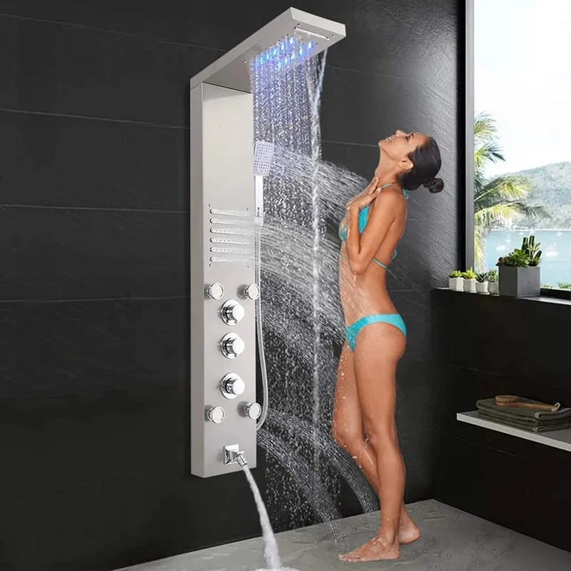 Shower Panel bathroom wall mounted stainless steel Waterfall black shower column set tower Body Jets led Shower Panels systems