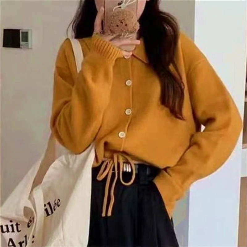Spring casual simple basic polo neck  button cardigan crochet jacket woman drawstring frenum knitted sweater cardigan