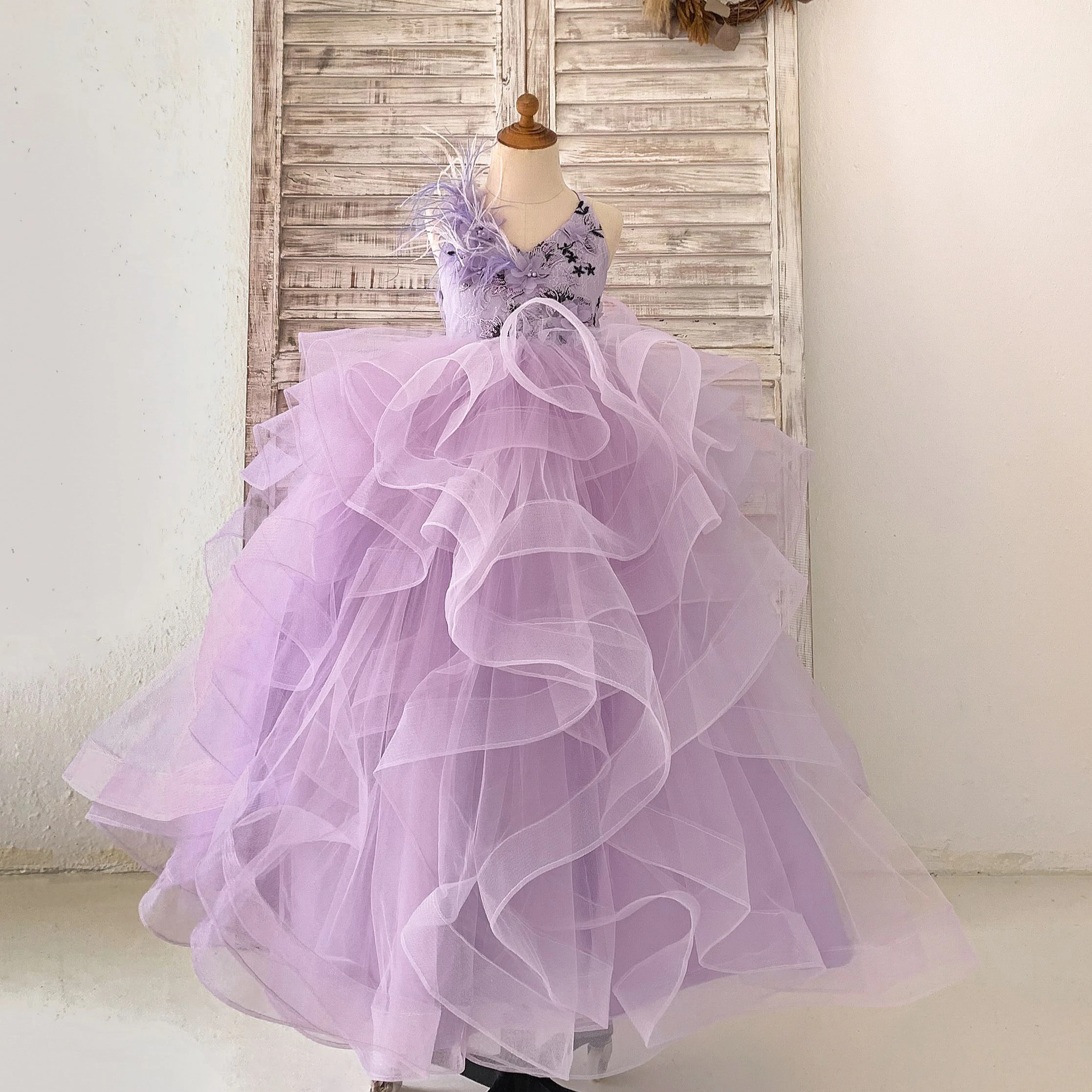 Lavender Tulle 3D Beaded Lace Wedding Flower Girl Dress Kids Party Dress Princess Birthday Gown Puffy Couture Dress
