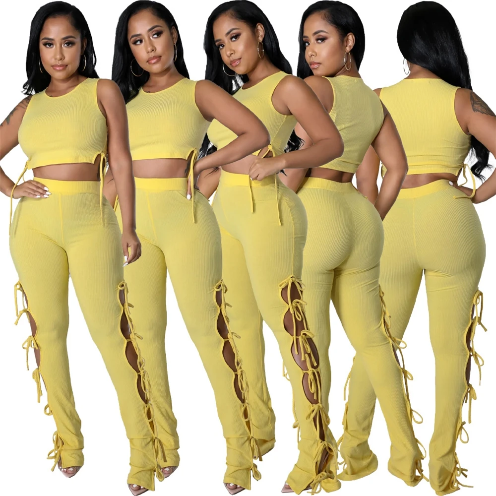 2022 New Trendy Custom Logo Crop Tops Two Piece Set Tank Tops Long Hollow Out Pant Women 2 Piece Summer Set