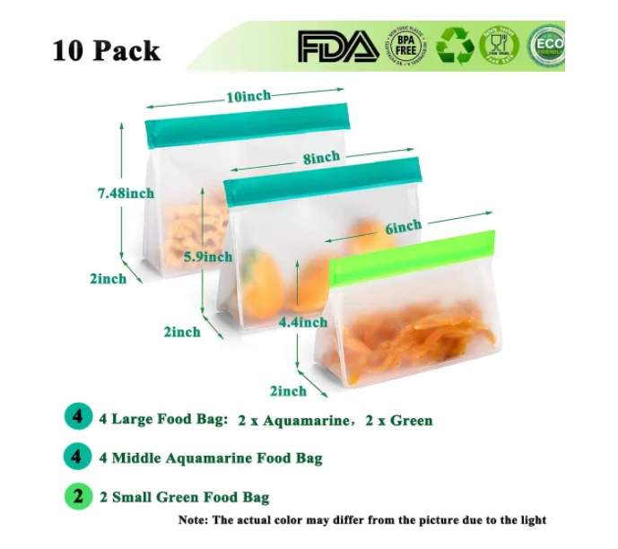 12 pack BPA FREE  Extra-Thick PEVA Eco friendly Zipper Leakproof Freezer Bag Washable Reusable Sandwich Snacks PEVA Storage Bags