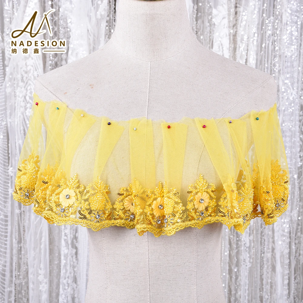 Custom Rhinestone Sequin Trim Flower Lace Polyester 3D Floral Lace Trim Embroidery Lace Trim For Clothing