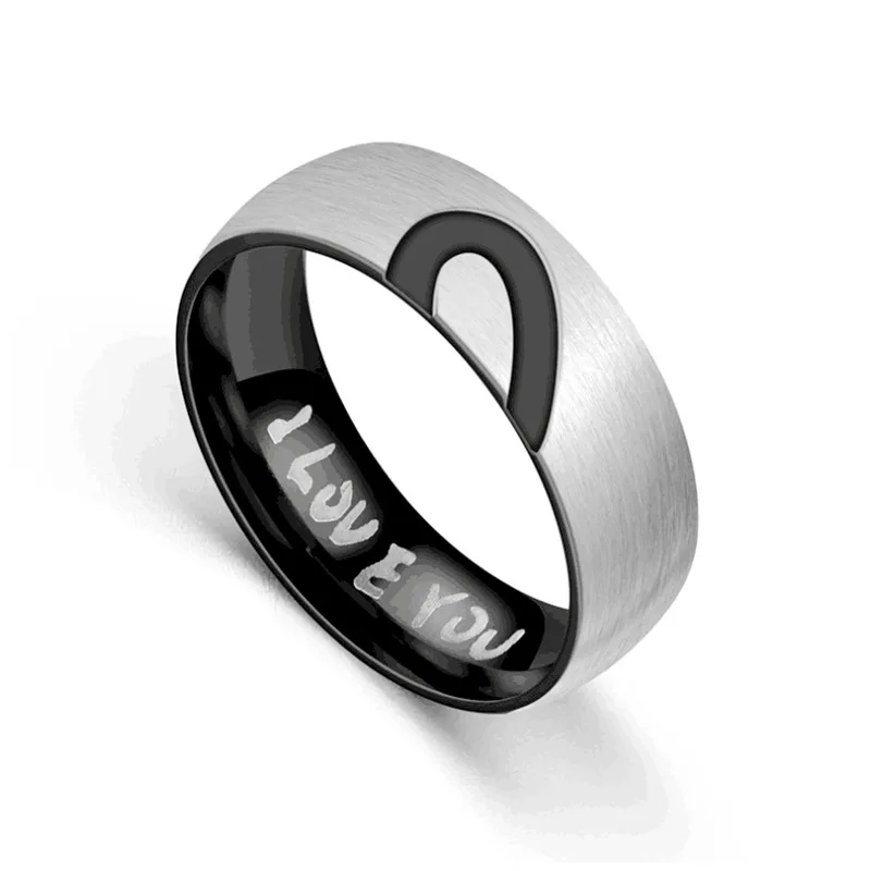 6mm Width Stainless Steel half heart CZ stone girlfriend boyfriend I Love You statement Promise Couple Ring