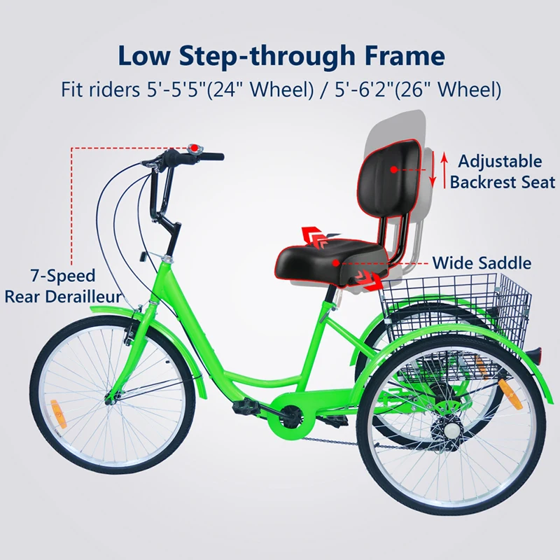 24-Inch and 26-Inch Wheel Adult Trike Three Cruiser Bike for Women Men