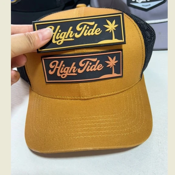 Custom 5 panel high crown cotton flat brim mesh trucker hat with rubber patch