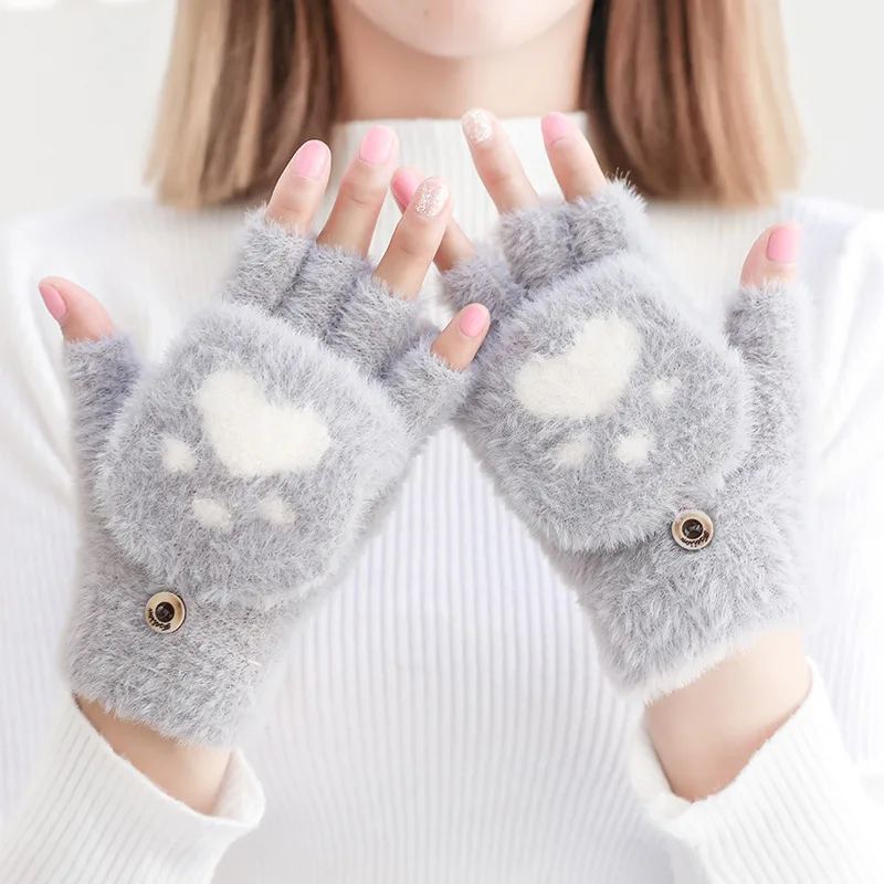 Flip Top Magic Gloves Women Cute Cat Paw Half Finger Gloves Winter Warm Fake Mink Convertible Knitted Fingerless Gloves Girls
