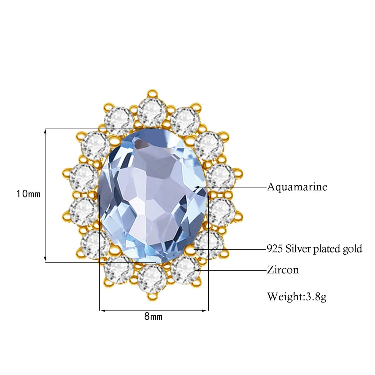 Luxury Cocktail Party Sunflower Design bijoux Oval Aquamarine Sterling Silver 14k gold plated silver stud earrings for women