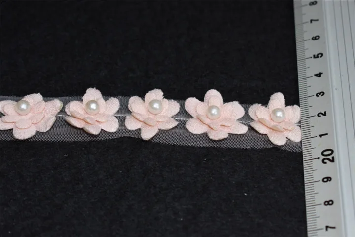 Wholesale chiffon 3d flower embroidery border lace with pearls
