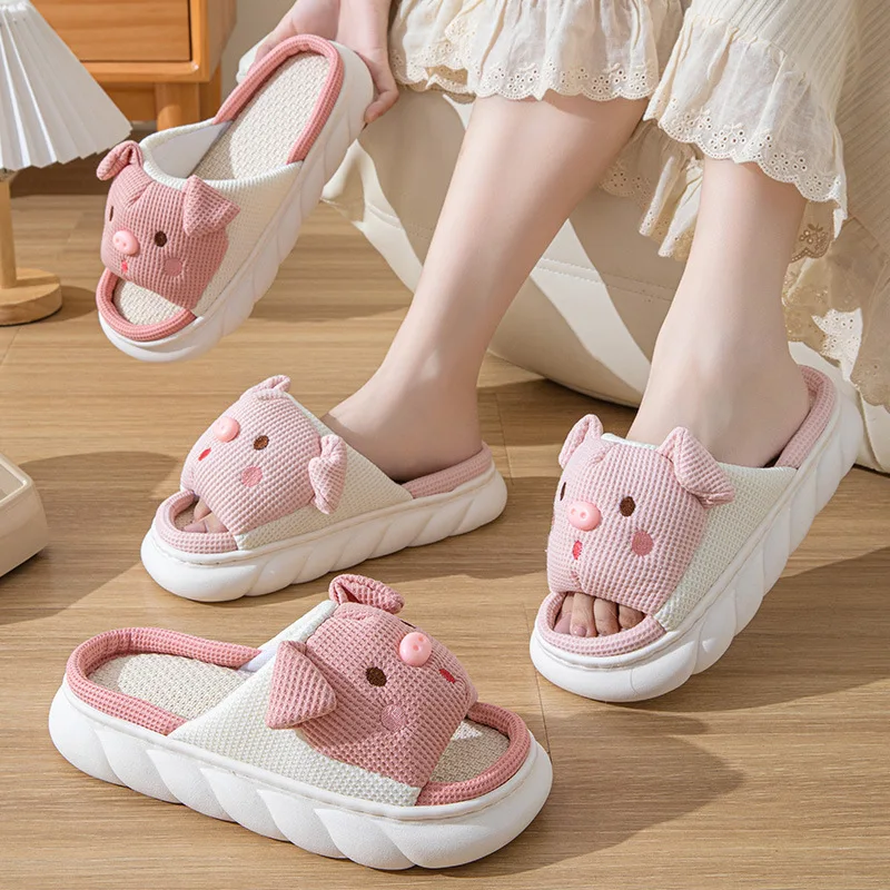 Wholesale Women Quiet Indoor Cool Flax Comfy Slides Fashion Home Summer Cute Small Pig Animal Linen Shoe Slippers
