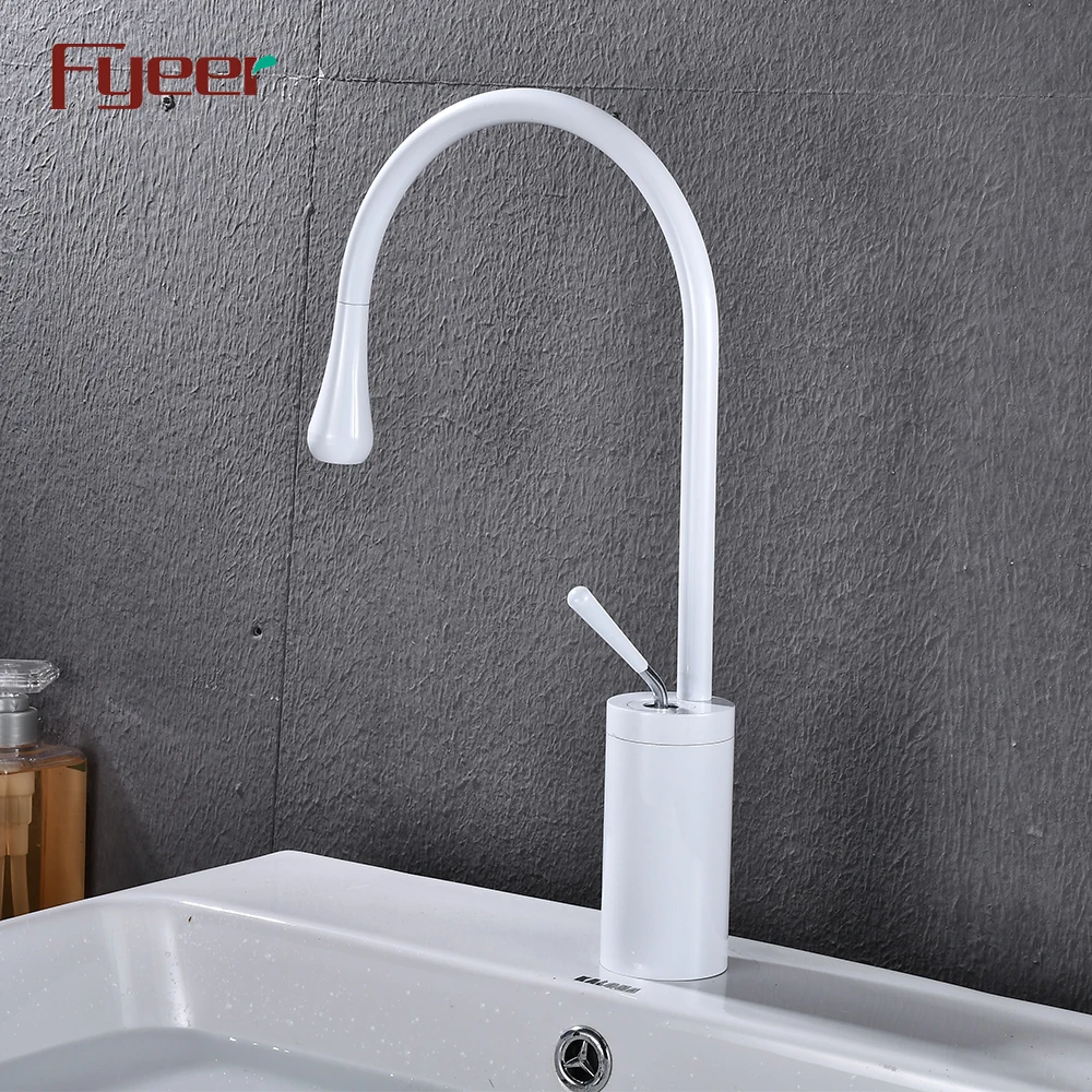 Fyeer Long Neck Water Drop White Painted Bathroom Basin Faucet