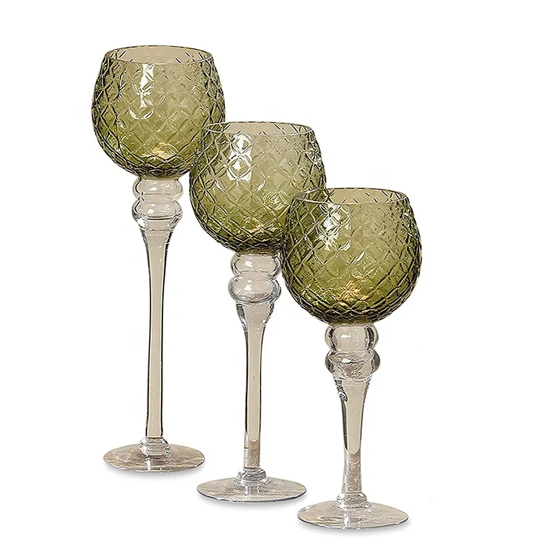 Set of 3 Small diamond pattern yellow-green glass Long Stem Candle Holder