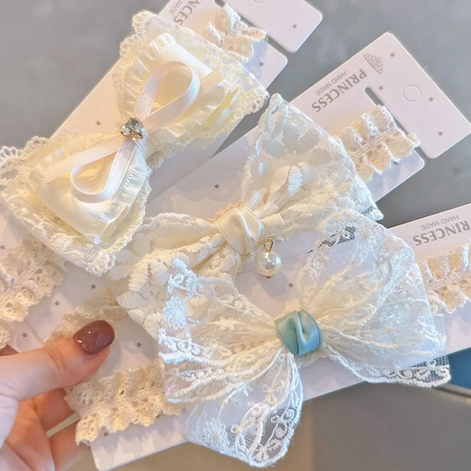 Korean Style Beige Embroidery Lace Bow Infant Baby Girls Hair Band Pearl Crown Cute Soft Bowknot HairBand Hair Accessories