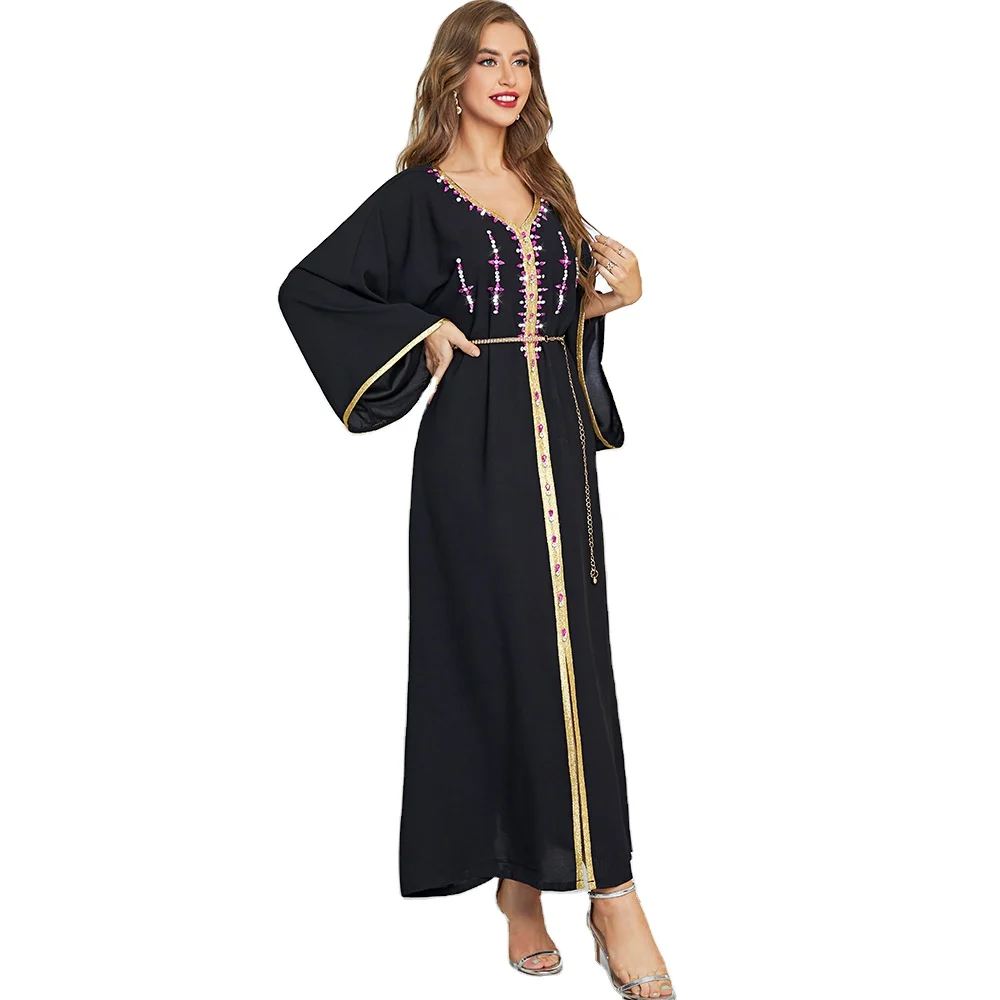 2022 Abaya Fashion Muslim Woman Black Hand Sewn Drill Long Skirt Maxi Turkish Clothes Dresses For Arabic Women Muslim Dress