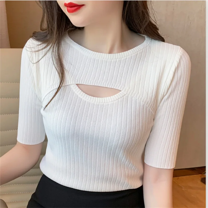 Fashion Thin Ice Silk Cut Out Women 3/4 Sleeve Cropped Crew Neck White Slim Fitting Knitted Sweater custom clothing packaging