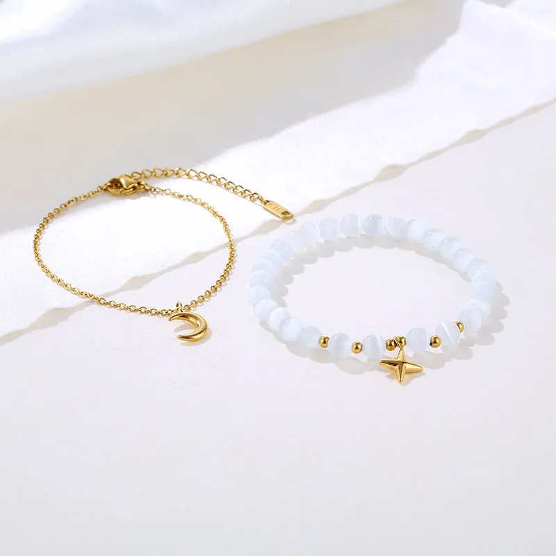 Star Moon Element Jewelry for Women Double Chain Design Light Luxury 18K Gold Plated Stainless Steel with Opal Elastic Bracelet