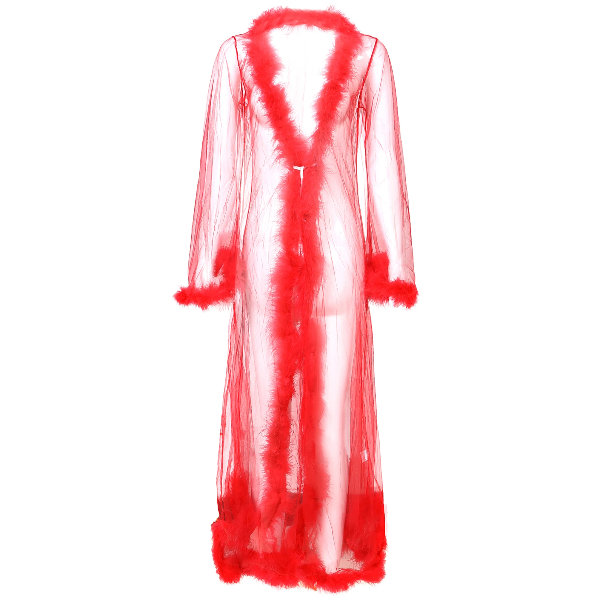 New Arrival Long hot women Femme Fur sheer Robe mesh Trim Sexy Lingerie