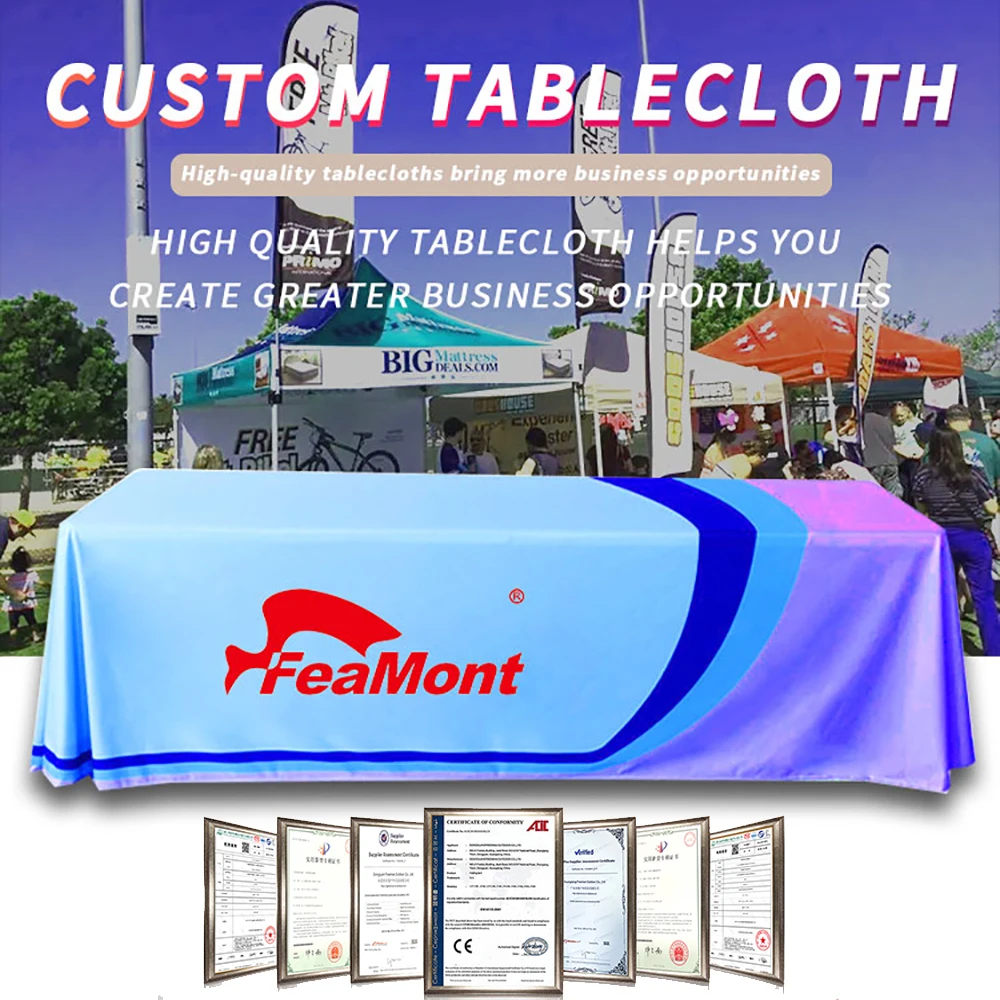 FEAMONT Custom Colour Logo Printed Knitted Polyester Table Cloth 6ft 8ft Stretch Table Runner Commercial Trade Show Advertising