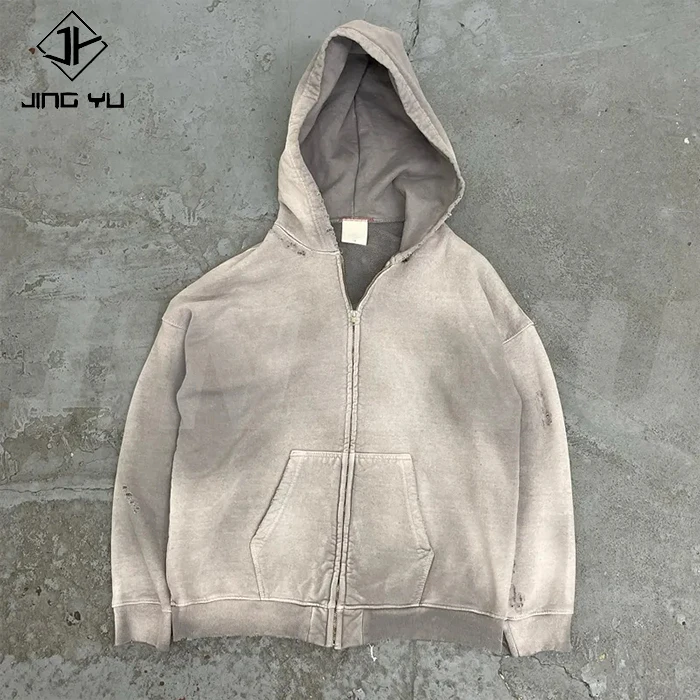 Custom High Quality Streetwear Hoodie Fleece Blank Zip Up Vintage Acid Wash Sun Faded Distressed Pockets Hoodies