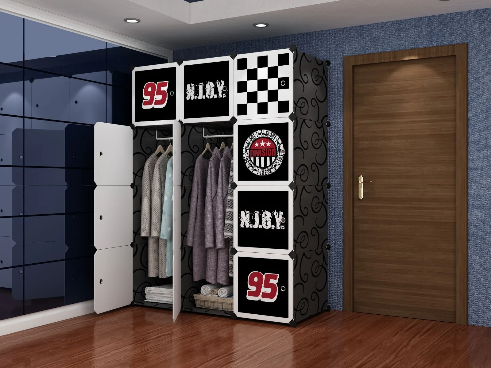 12 Door Portable Bedroom Garderobe  Black DIY Plastic Clothing Wardrobe Cabinets