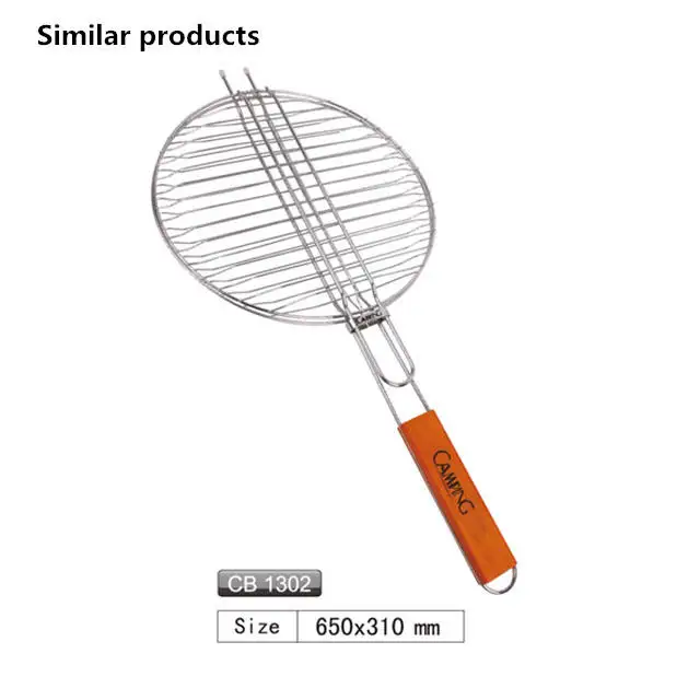 Multi functional outdoor cooking stainless steel wire mesh with wood handle bbq grill net basket