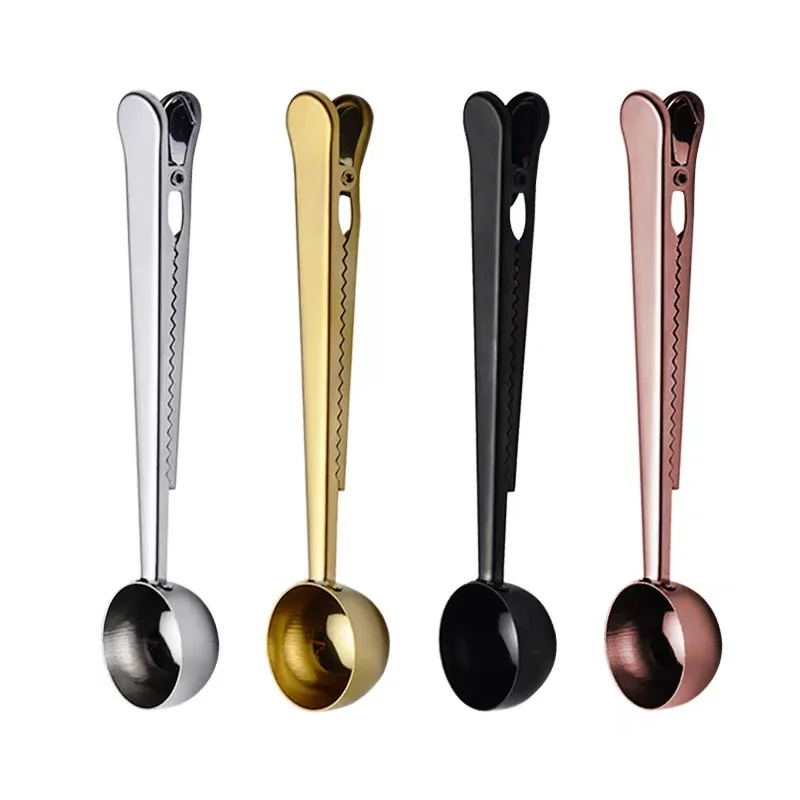 Metal Coffee Gold Black Scoop Stainless Steel Milk Coffee Measuring Spoon Scoop With Bag Clip
