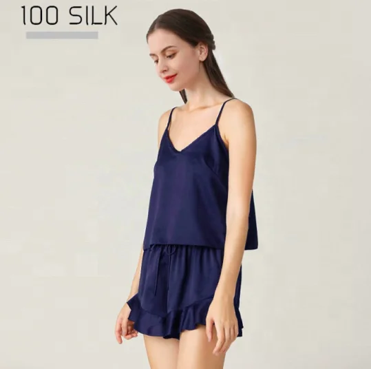 Silk Nightwear  Luxury 6A Pure Satin Silk Sleepwear Pajamas Short Sleeve Pants 100%  Silk Top with Short Set for Women