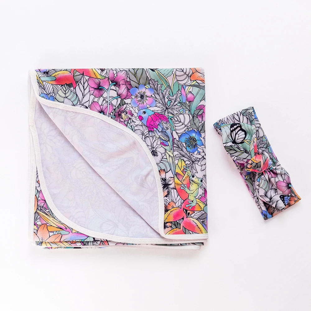 Colorful flower pattern  custom printed stretchy baby cotton knitted wrap swaddle headband blanket set