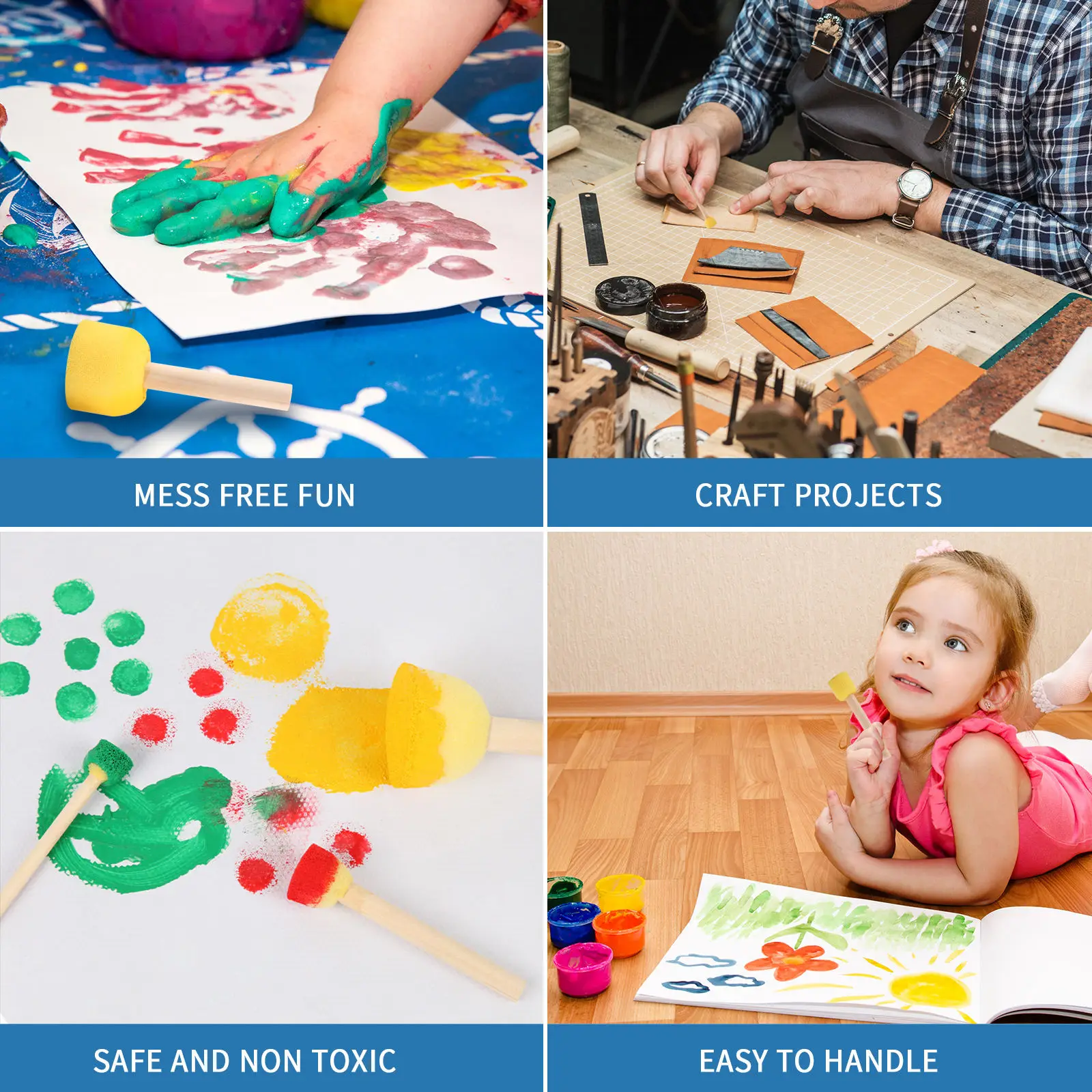 Hot selling colored foam paint brush wood handle for kids diy school children education round shape painting mushroom stamp