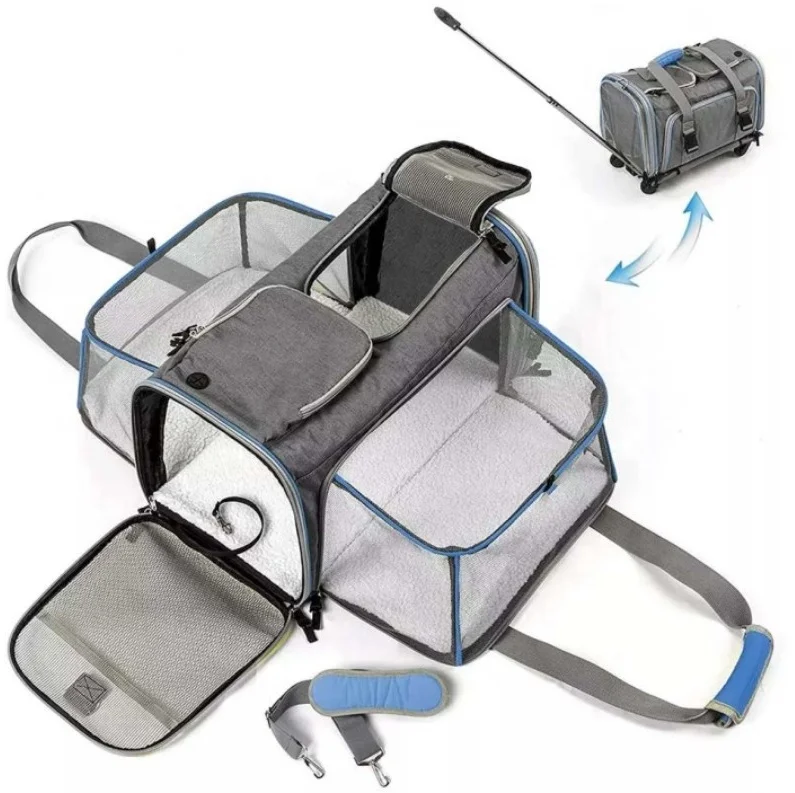 Crate bag stroller Large wheels pet Dog Cat Carrier Outdoor Indoor Breathable Travel Soft Lined Metal Frame Detachable