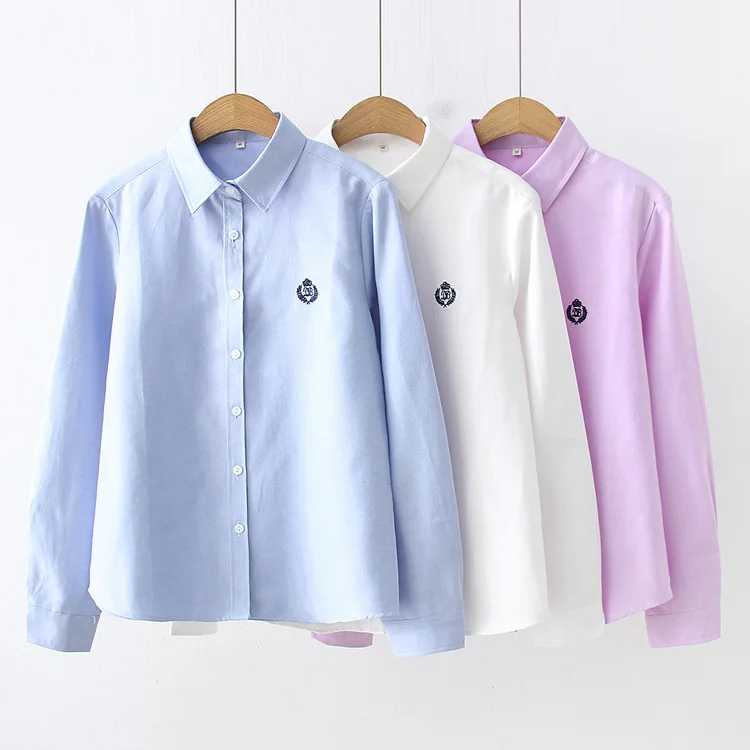 Custom university school uniform student clothing badge girls formal solid shirts teen button up long sleeve blouse