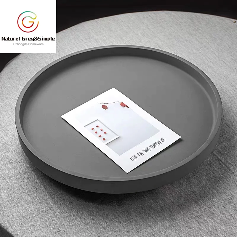 Natural Stone Matt Light Gray Concrete Cement Circle Round Platter Serving Tray