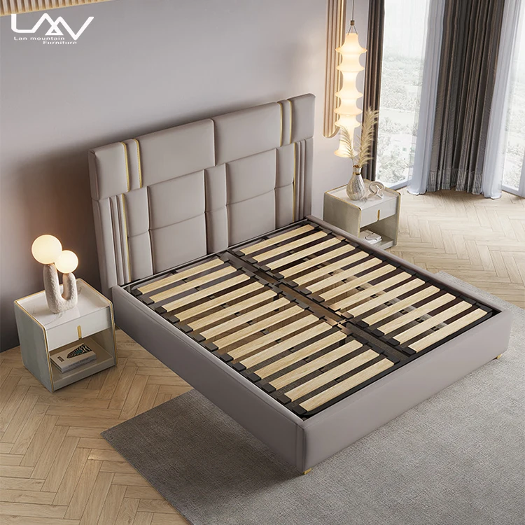 Italy design high back upholstered double bed villa bedroom luxury beige leather soft king size bed furniture