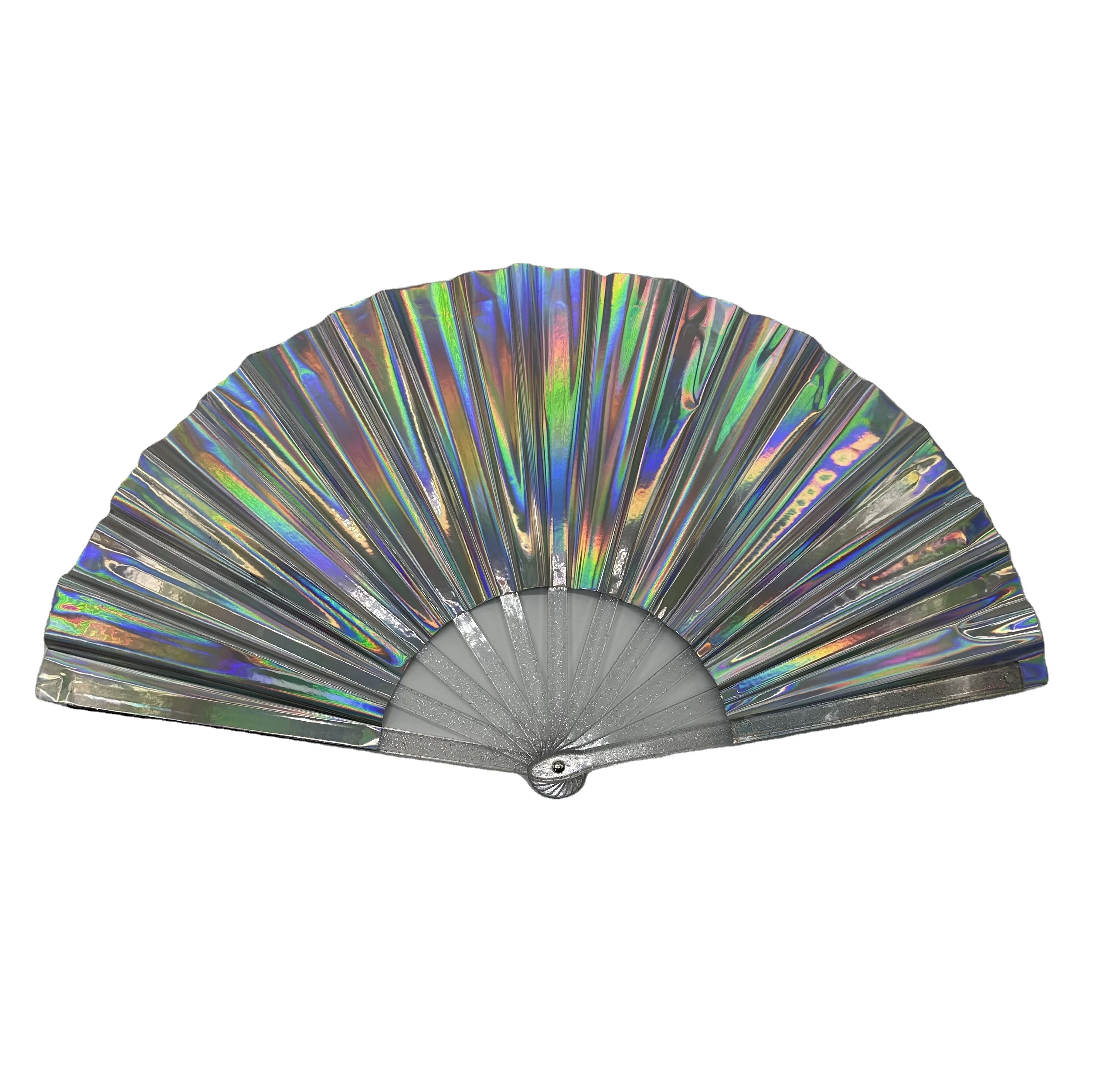 Hot sell high quality  durable Custom printed Cool Iridescent reflective bamboo PVC large hand fan