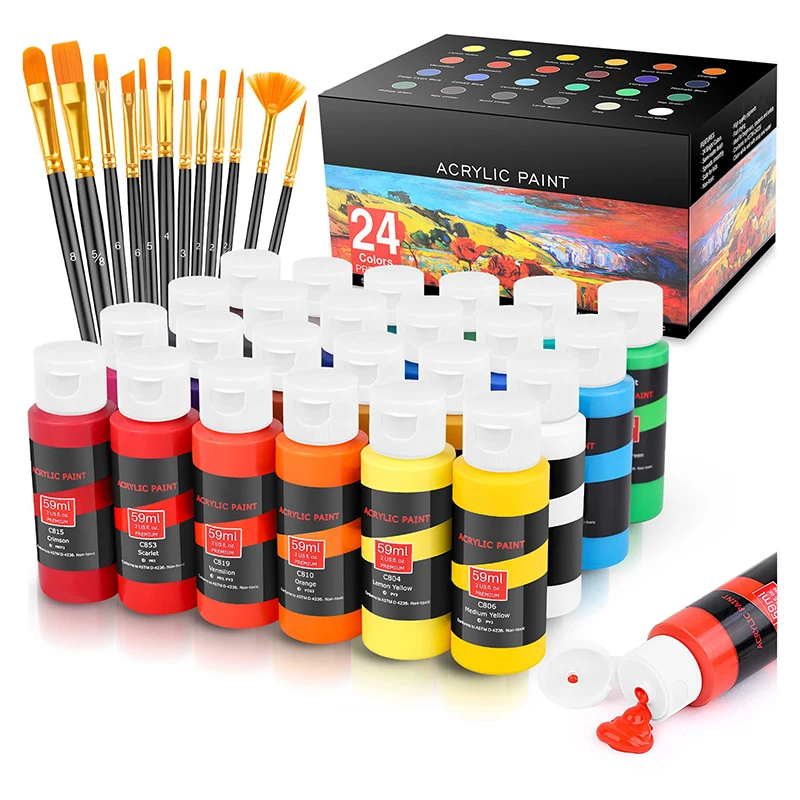 24 Colors 59Ml  Acrylic Paint Sets Includes 12 Brushes for Christmas Canvas Ceramic Rock Painting Kit Art Supplies