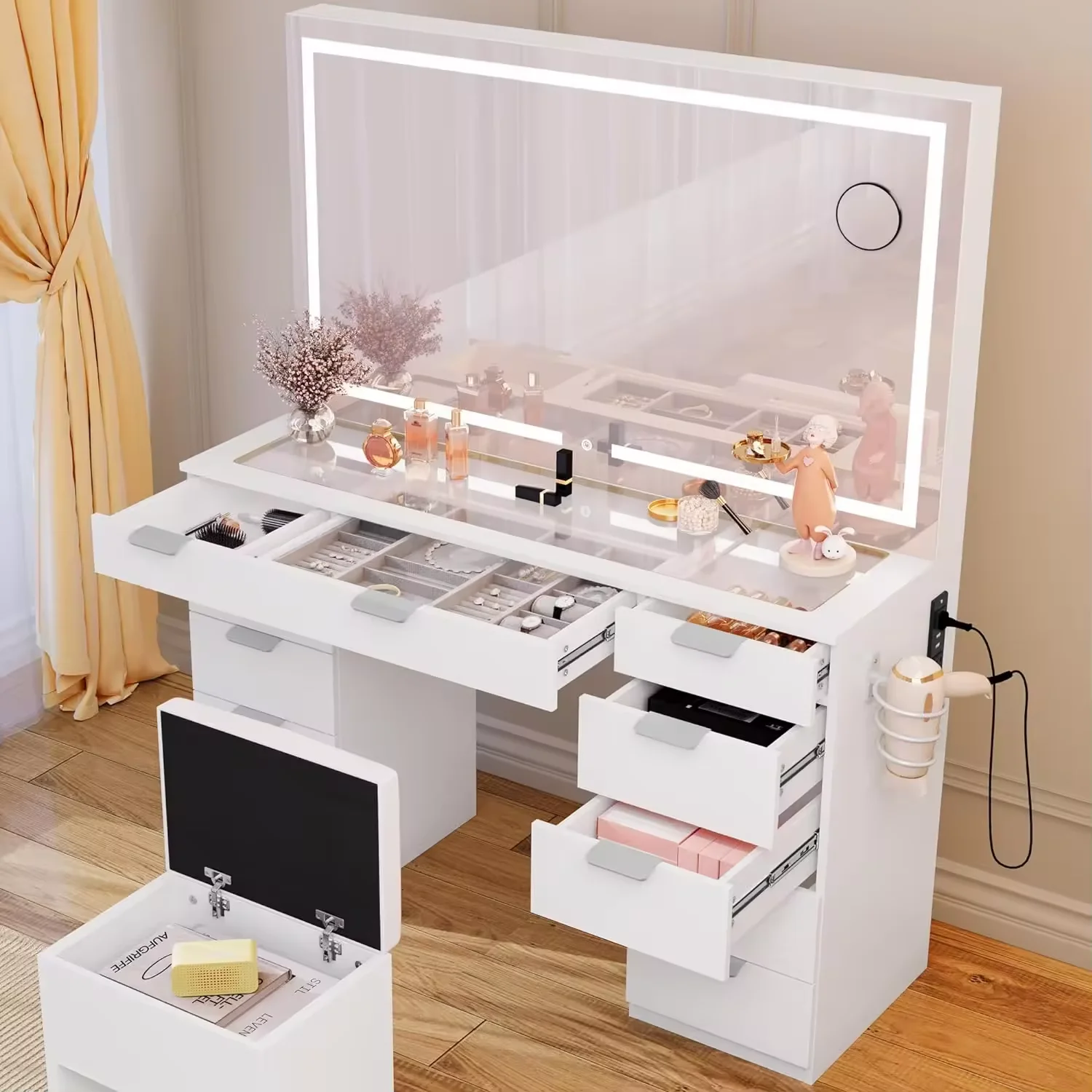 Vanity Desk Set with Large LED Lighted Mirror Power Outlet Glass Top Vanity with 11 Drawers and Magnifying Glass