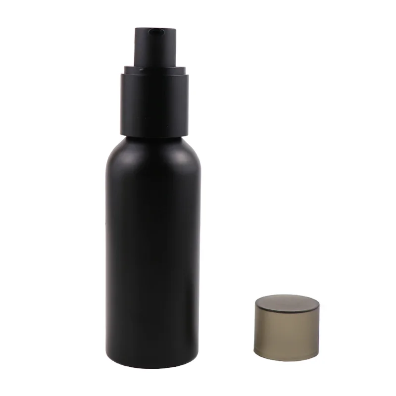 50ml 80nl 100ml 150ml Matte black cosmetic metal bottle with powder pump for cosmetic packing
